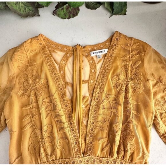 Wild Honey Womens Mustard Embroidered Sheer Romper M - Picture 6 of 10